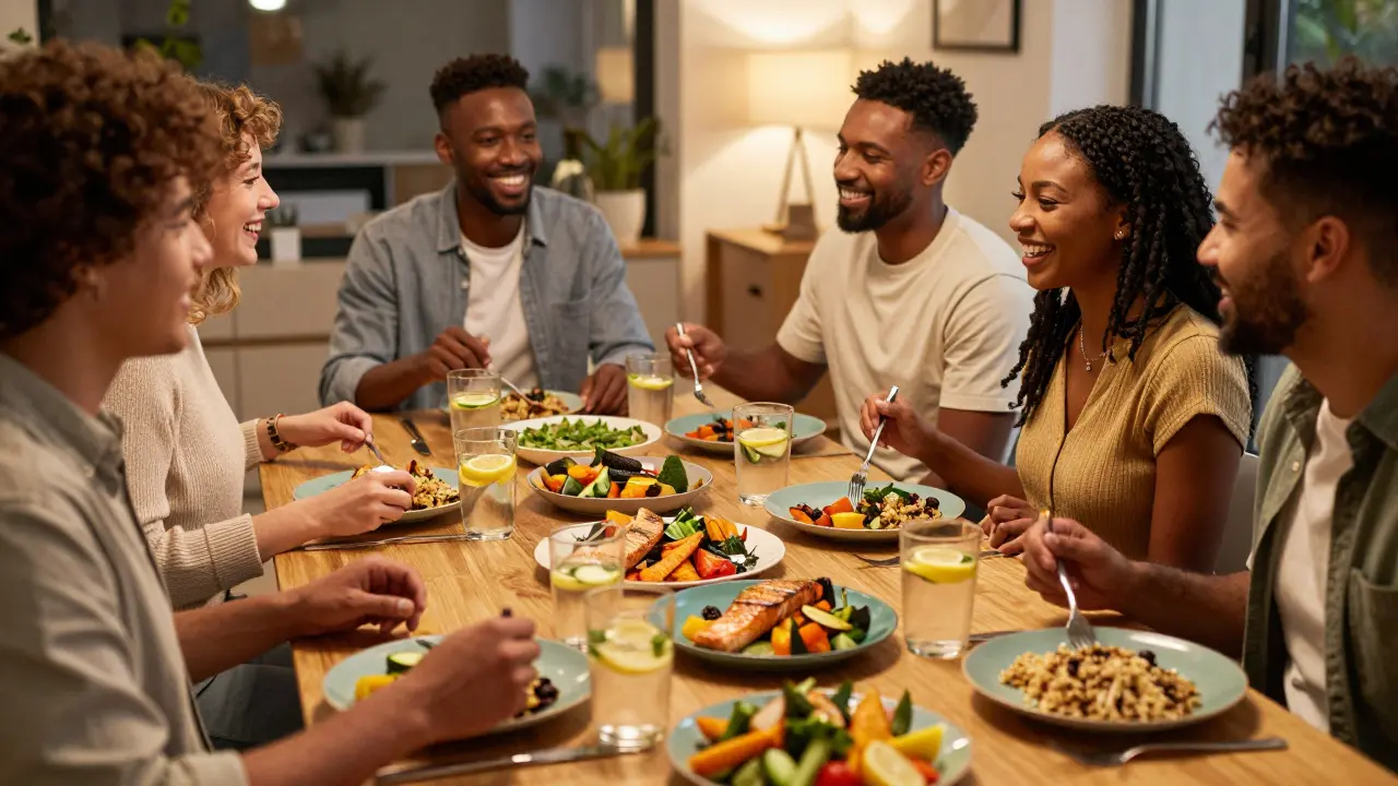 Friends enjoying a colorful, healthy shared meal at a warm dinner gathering.
