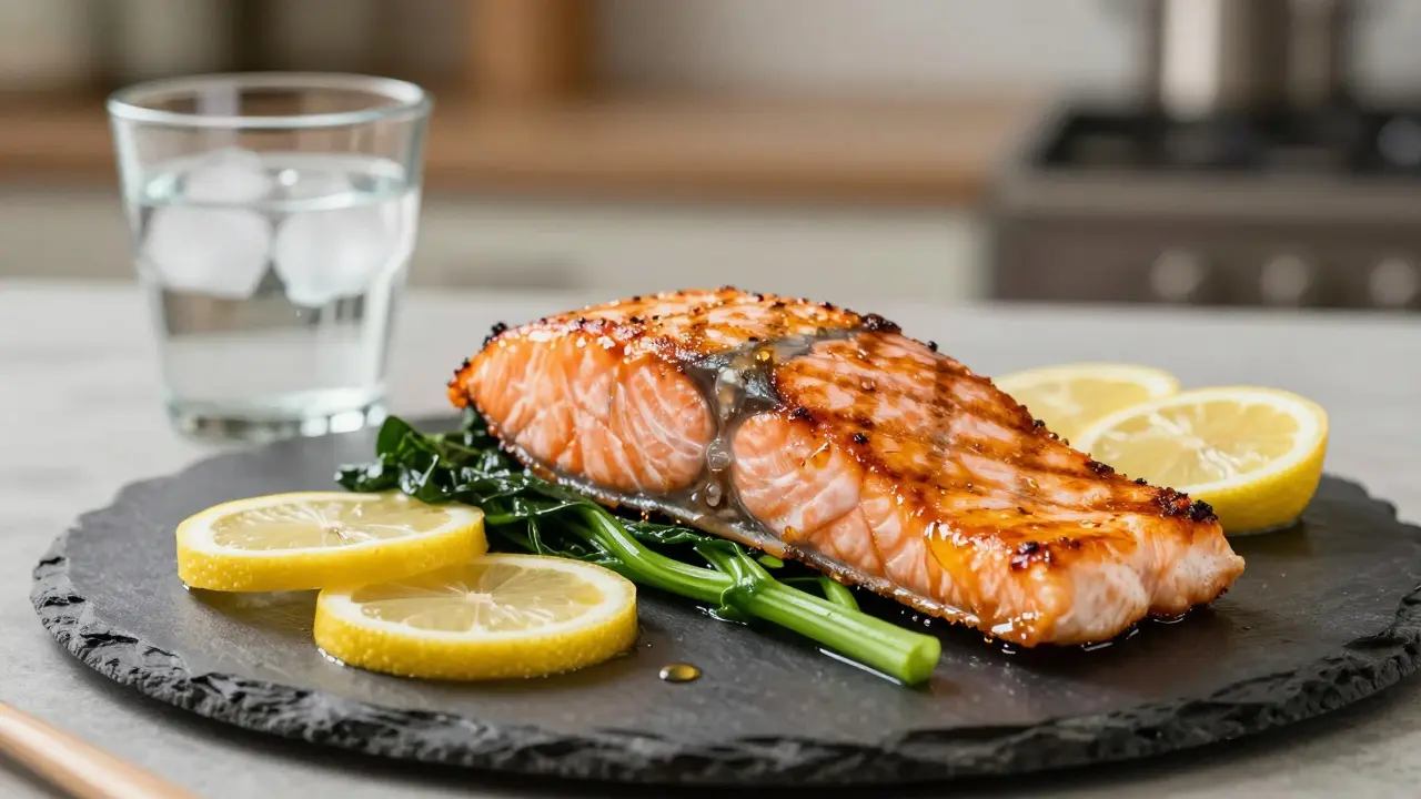 Grilled salmon fillet with lemon and greens on a slate plate