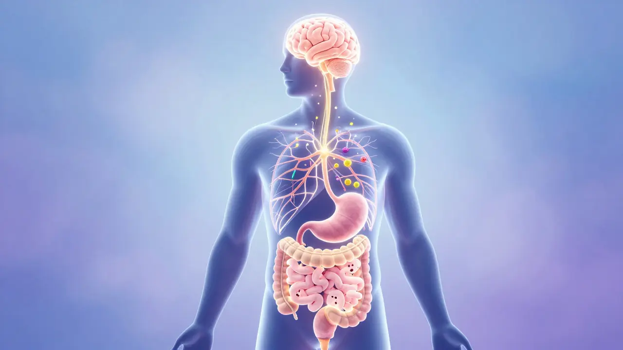 Illustration of the gut-brain axis showing neural connections and glowing bacteria.