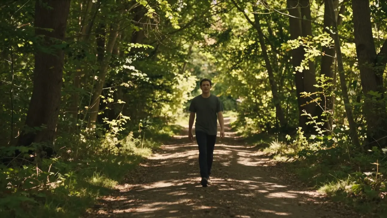 Individual walking peacefully on a forest path in sunlight.