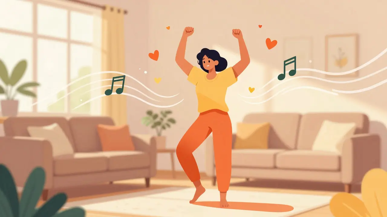 Joyful person dancing in a living room, linking health with happiness.