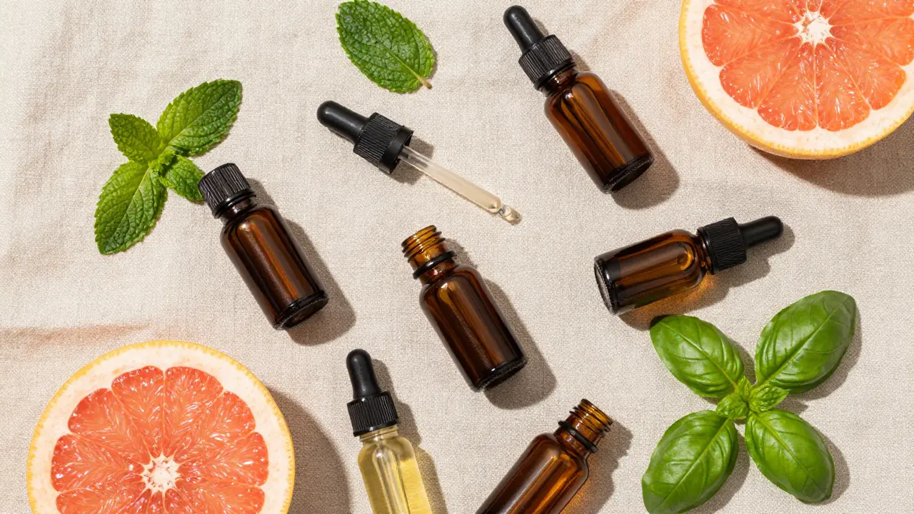 Overhead view of essential oils, grapefruit, and mint leaves arranged on linen cloth.