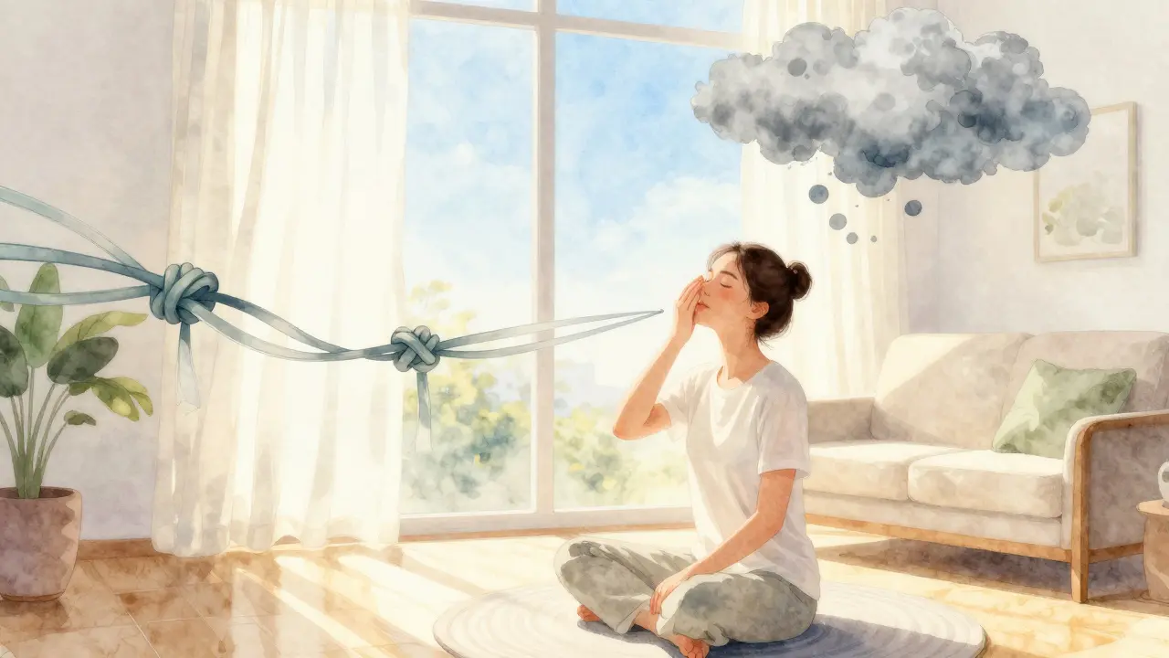 Person meditating in sunlight as knots untangle into ribbons
