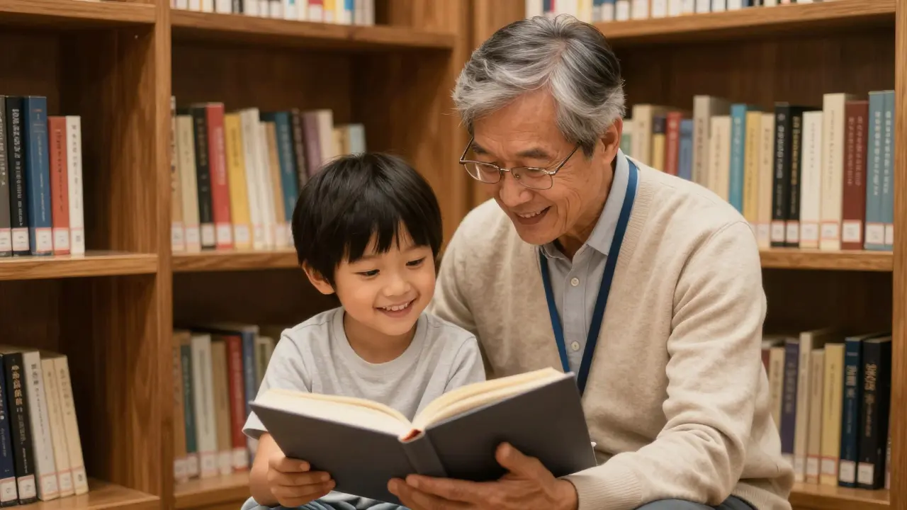 Senior volunteer reading a book to a child in a cozy library