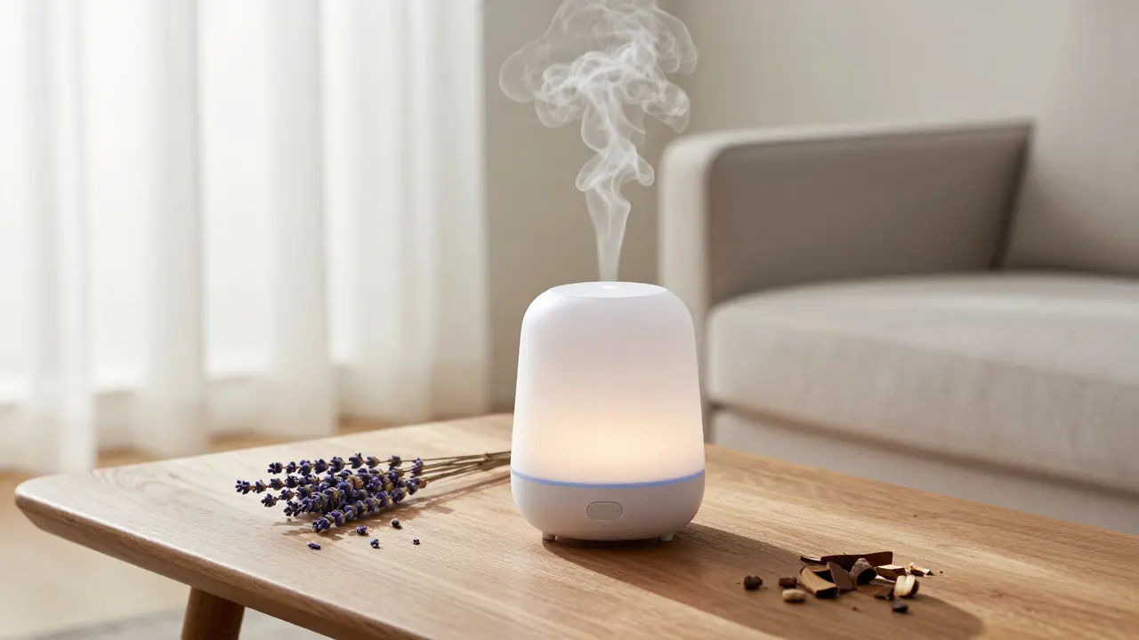 Ultrasonic diffuser releasing mist in a calm, sunlit living room with lavender accents.