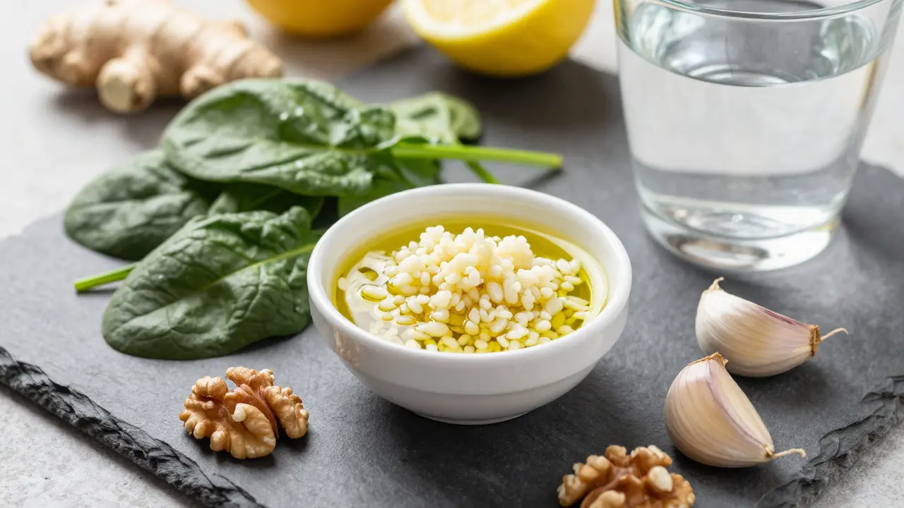 Heart-healthy meal with garlic, olive oil, and vegetables