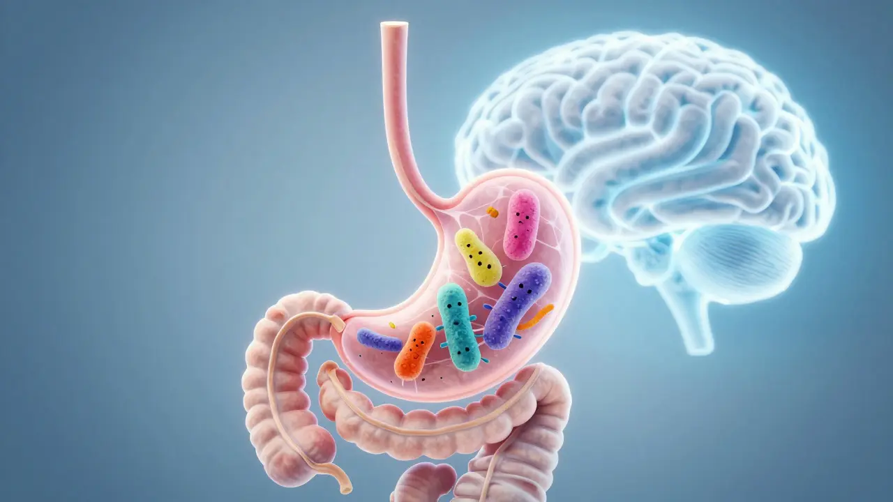 Illustration showing the connection between gut bacteria and brain health via neural pathways.