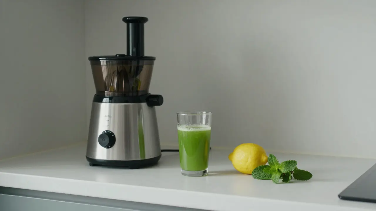 Juicer and glass of green juice on a calm kitchen counter