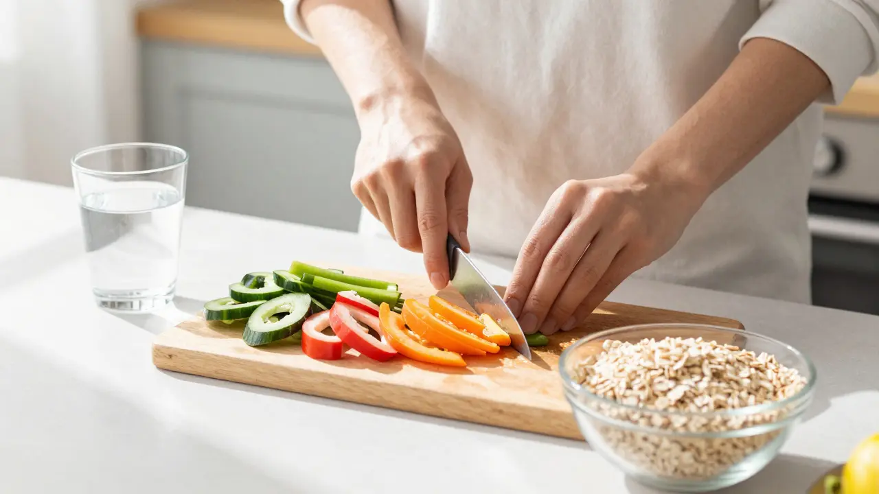 Person chopping fresh vegetables in a bright kitchen, demonstrating easy healthy meal prep.