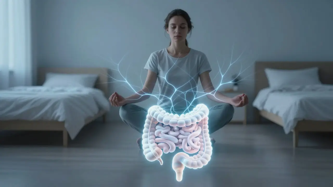 Person meditating with a glow showing the gut-brain connection.