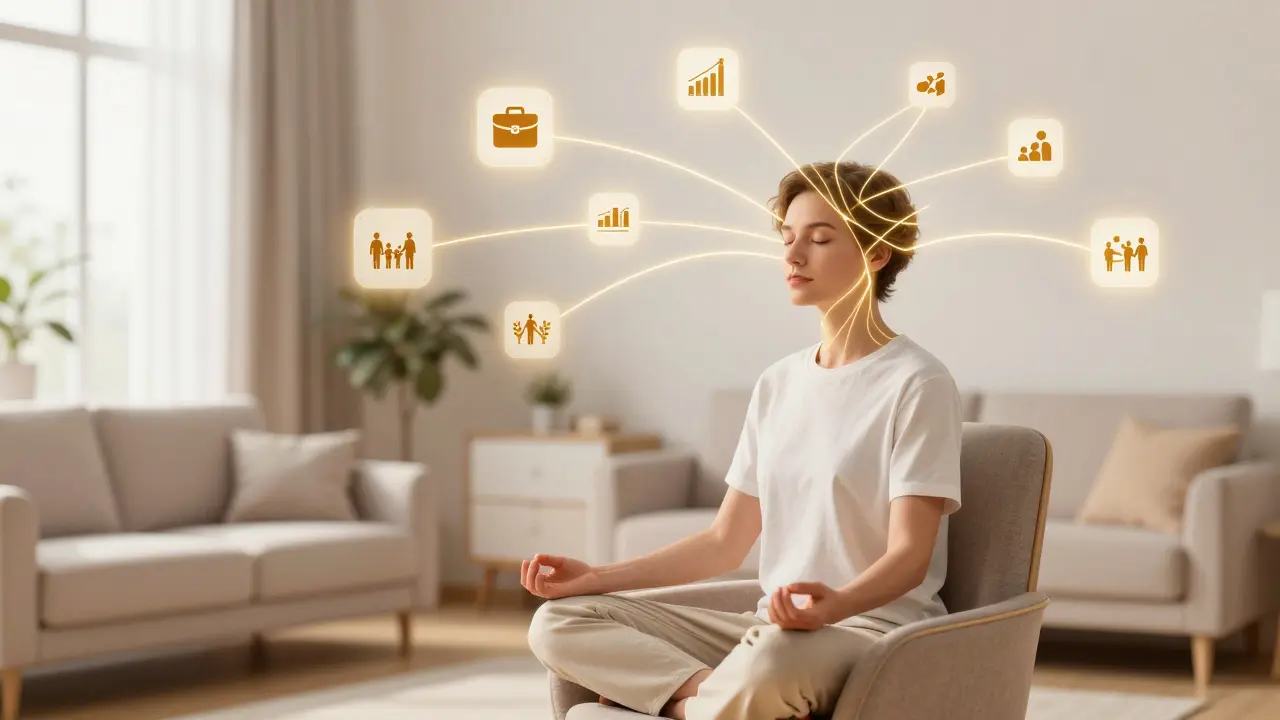 Person meditating with glowing connections between work and life