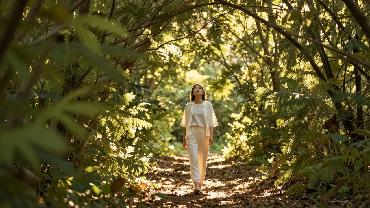 Person relaxing in a sunlit forest, demonstrating nature immersion for stress relief.