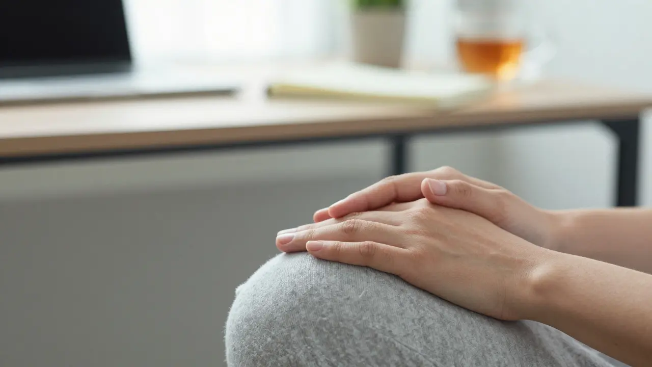 Relaxed hands in meditation pose on office desk with natural light