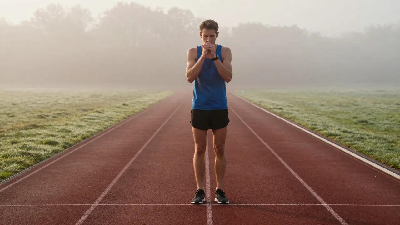 Runner practicing sensory grounding at a misty track start