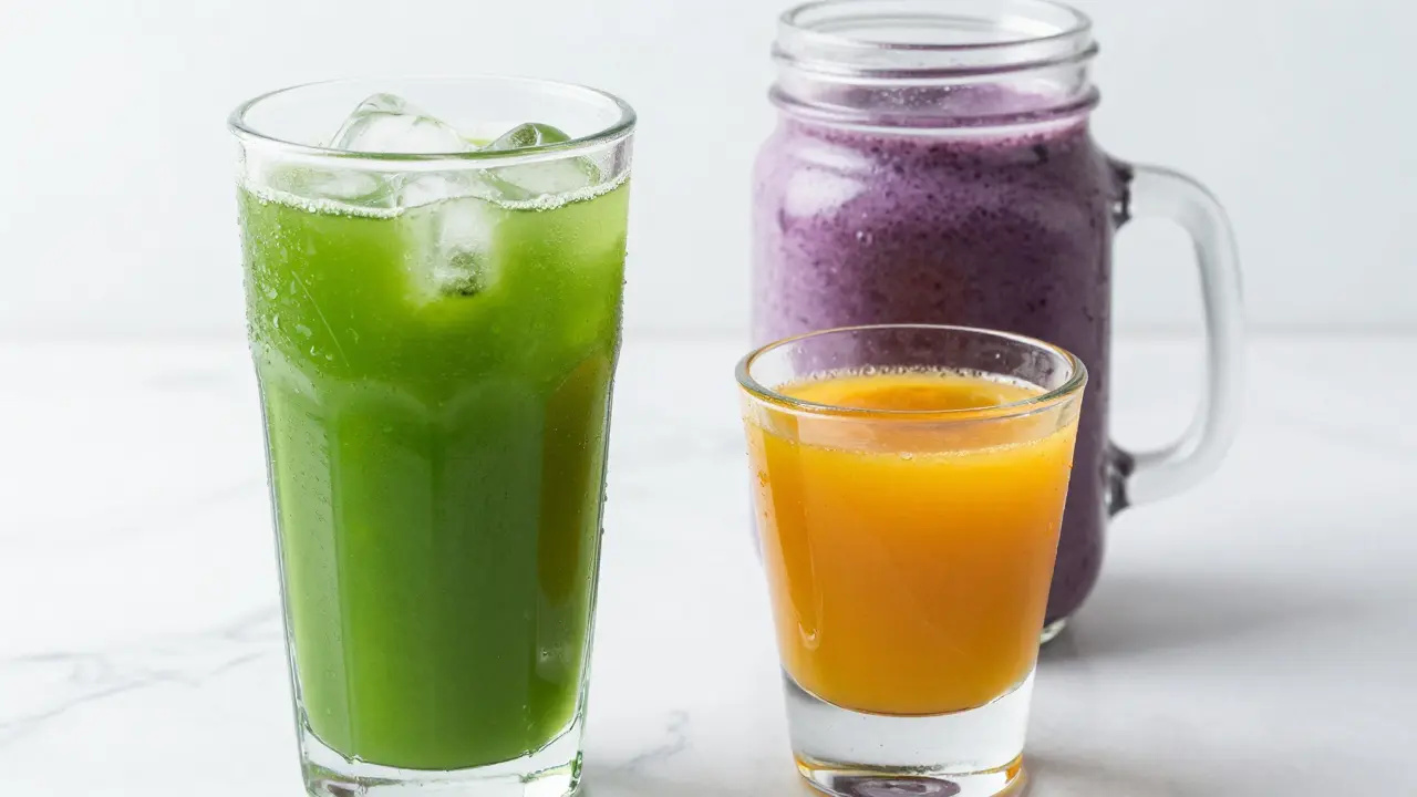Three glasses of green, orange, and purple health juices