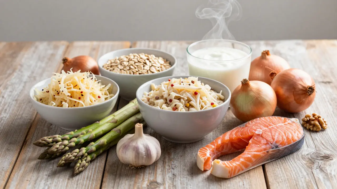 Variety of fermented foods, vegetables, and healthy fats on a table.