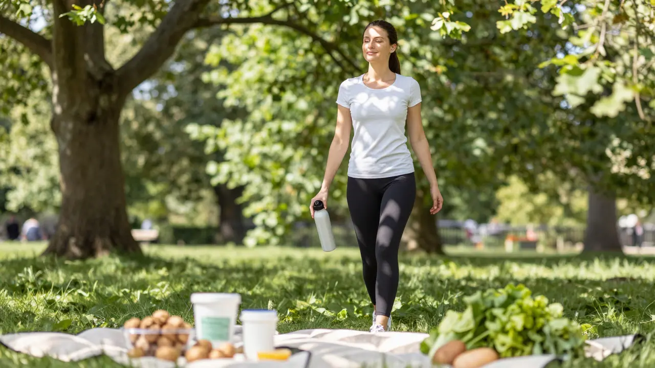 Woman walking in park with healthy food nearby