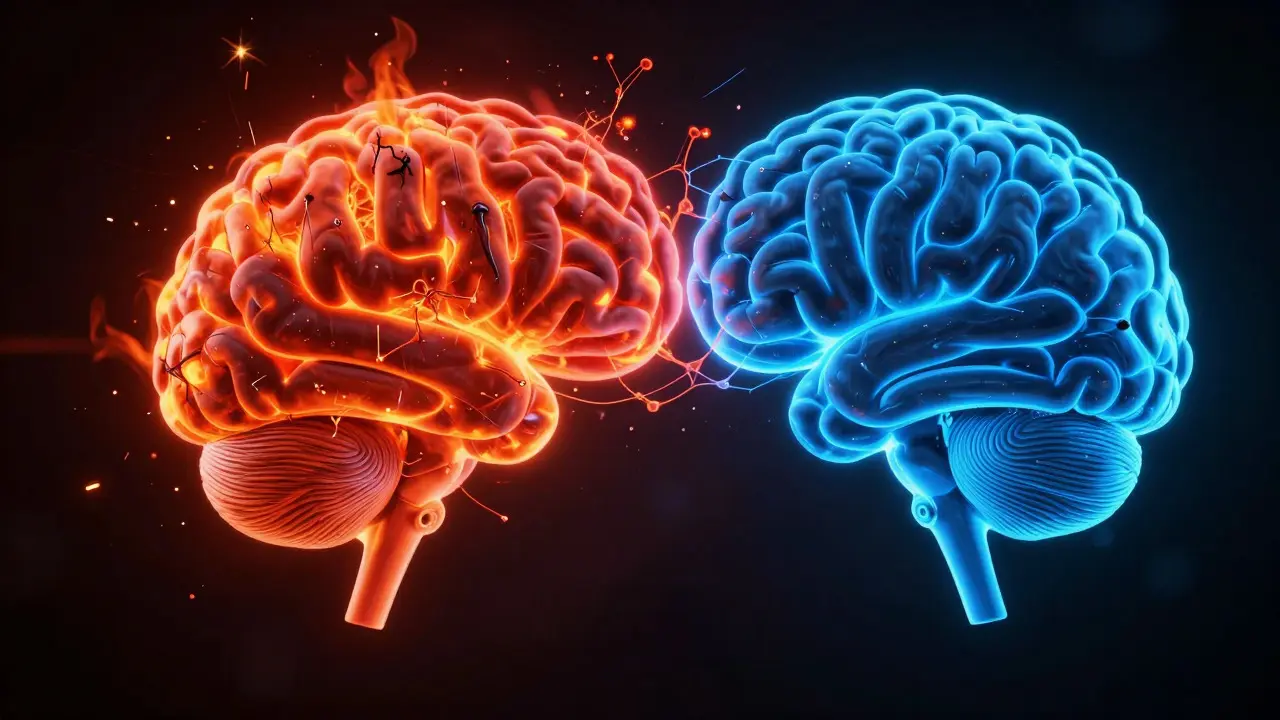Abstract brain illustration showing transition from red stress to blue logic