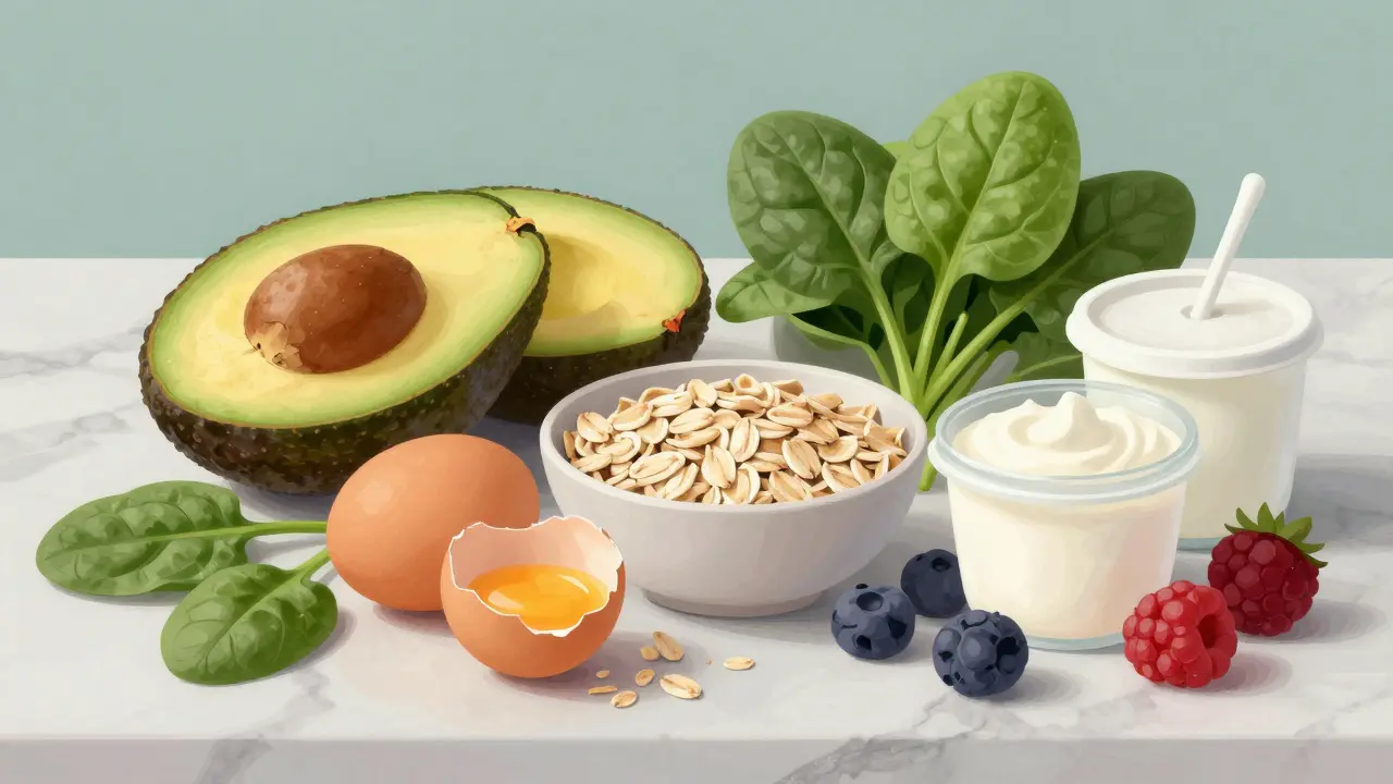 Artistic arrangement of healthy breakfast ingredients like eggs, oats, and fruit.