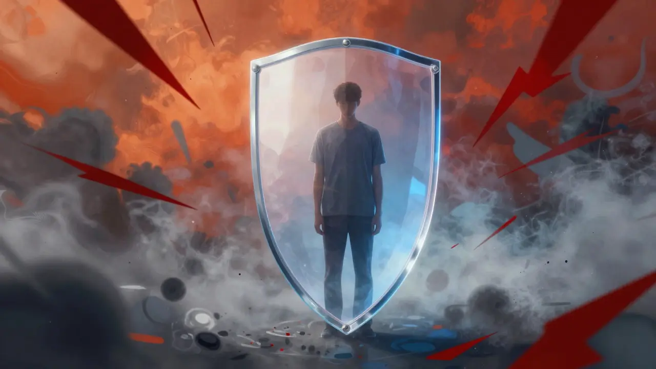 Calm figure protected by a glass shield from chaotic stress elements