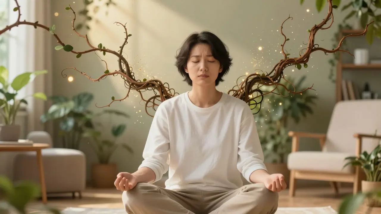 Calm person meditating as dark anxiety vines dissolve into golden light