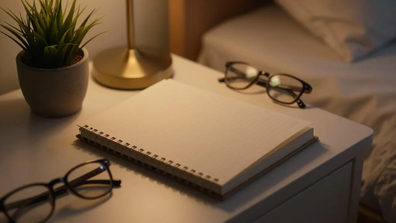 Closed journal on a bedside table in soft evening light