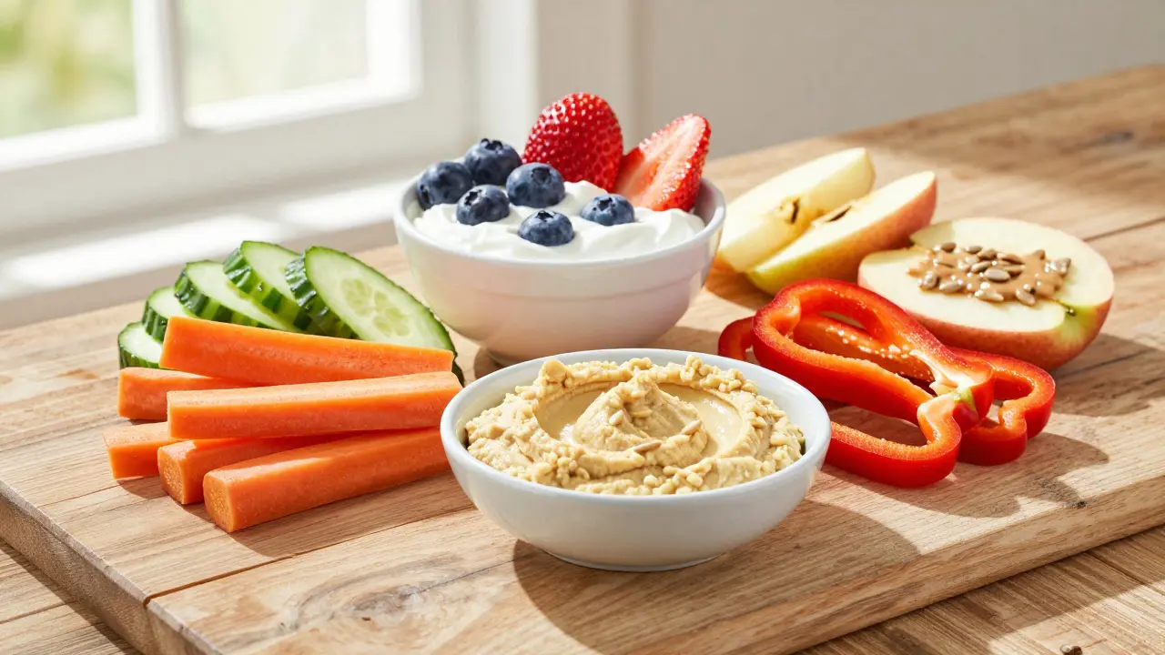 Colorful arrangement of healthy snacks like veggie sticks and yogurt