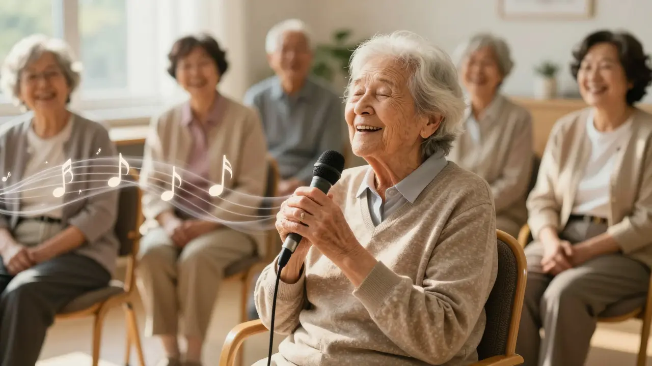 Elderly person finding joy and memory through music