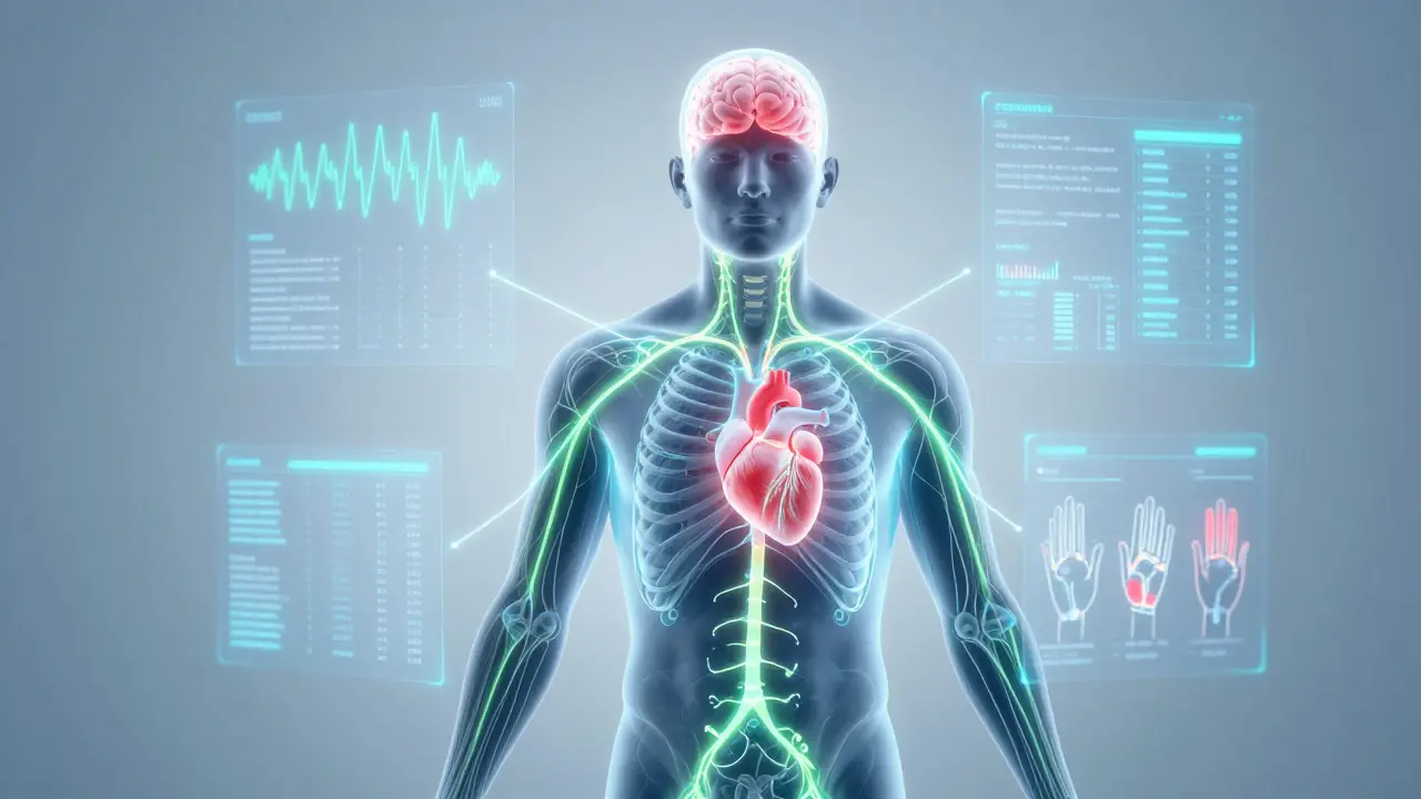 Illustration of human body connecting physiological signals to data visuals