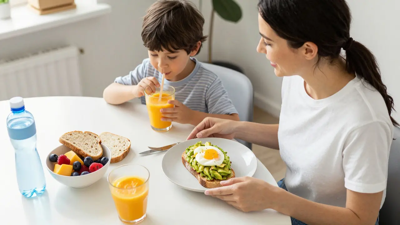 Mother and child sharing a healthy breakfast with avocado toast and smoothies.