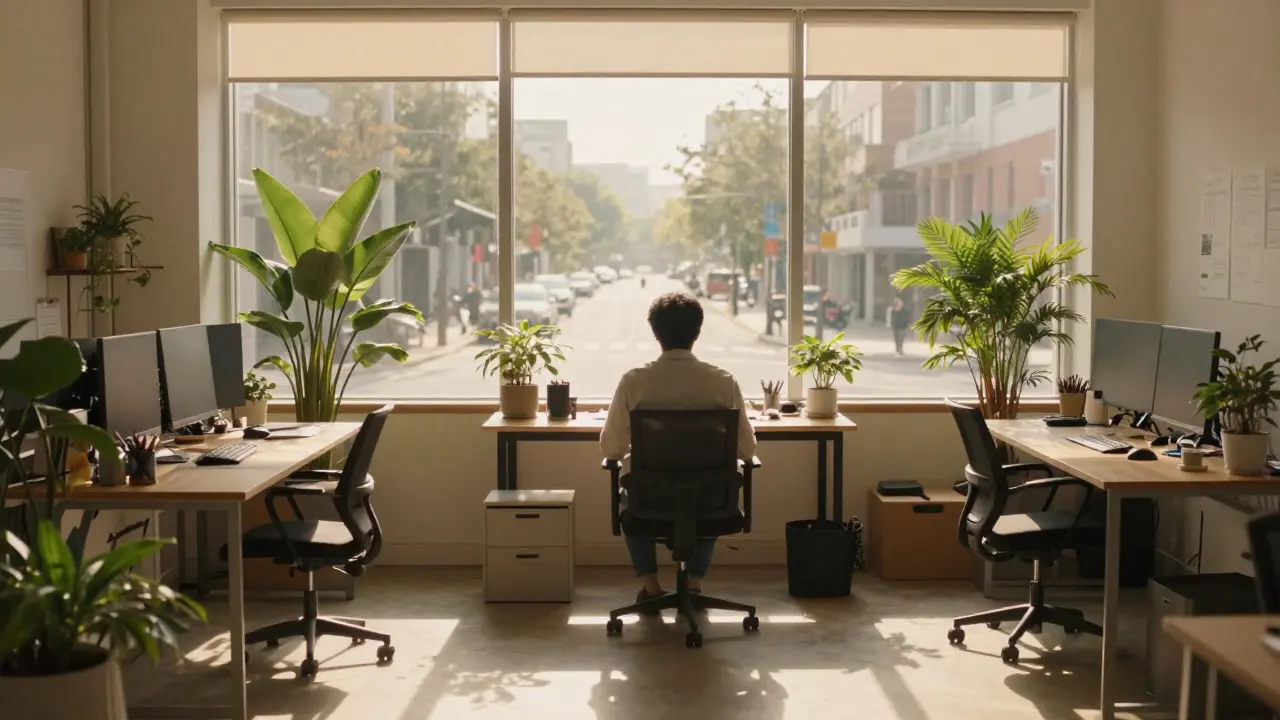 Serene, clutter-free workspace with plants and soft natural lighting