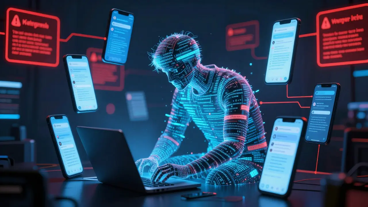Silhouette made of digital code surrounded by glowing phone screens