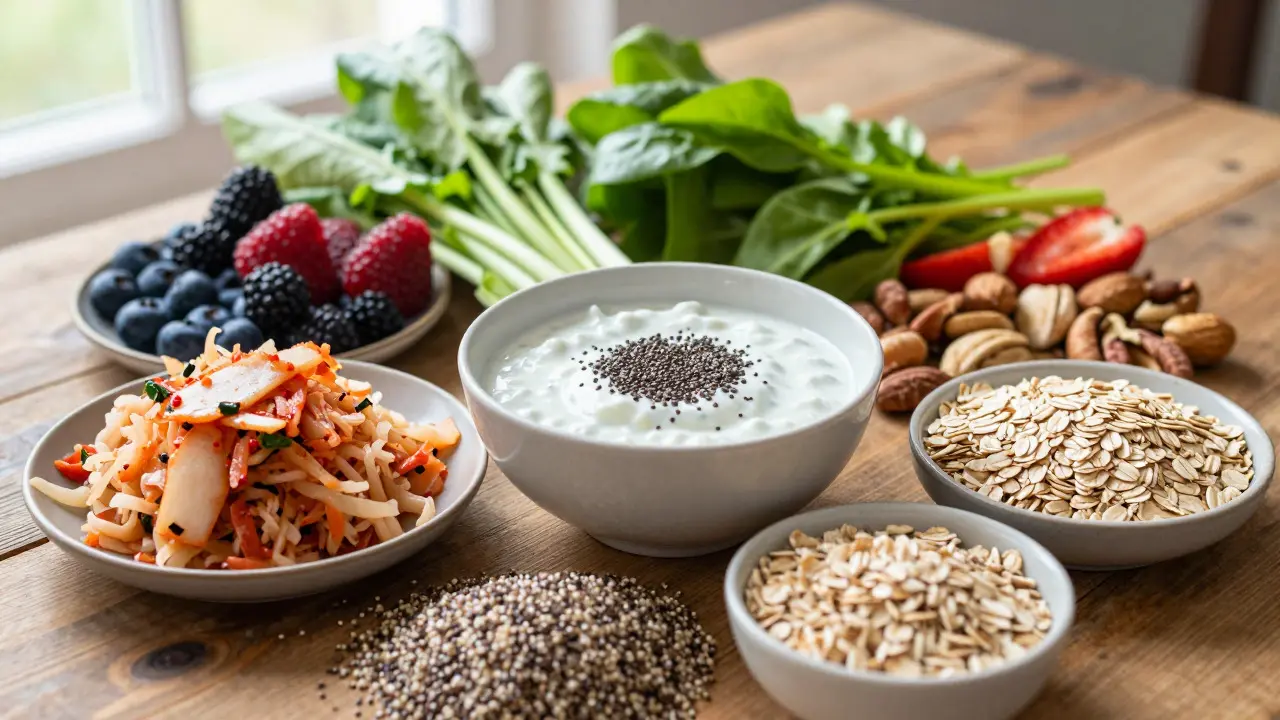 A table filled with diverse gut-friendly foods including fermented products and whole grains