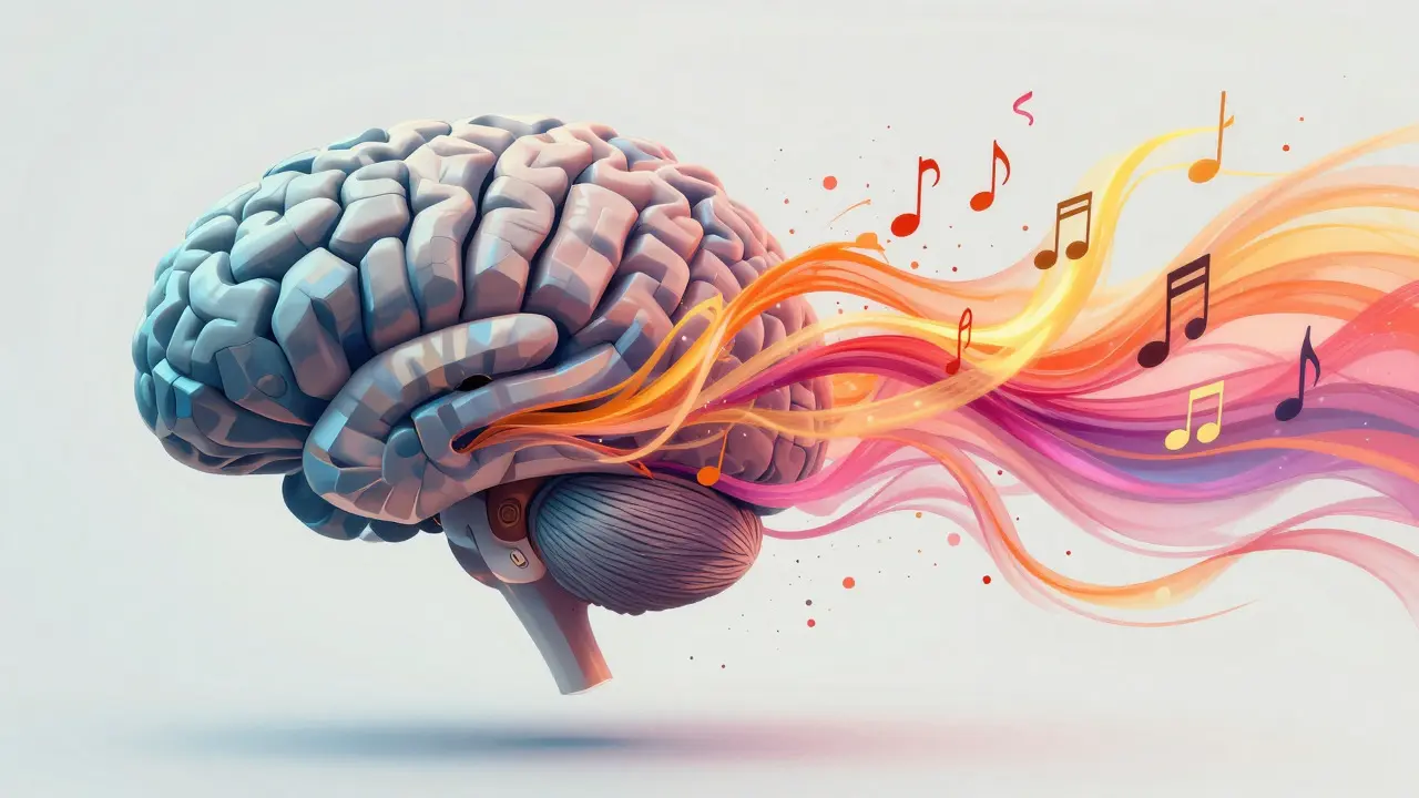 Abstract illustration of a brain transforming from rigid geometry into flowing colors