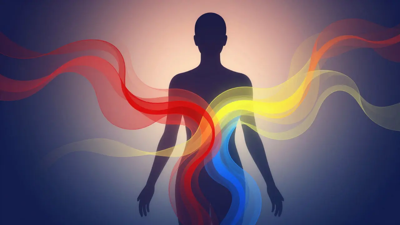 Abstract silhouette made of colorful ribbons representing emotion