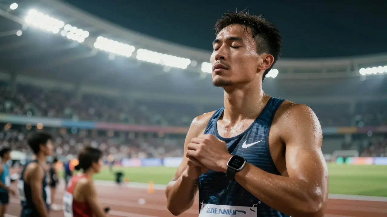 Athlete meditating in stadium tunnel preparing for peak performance