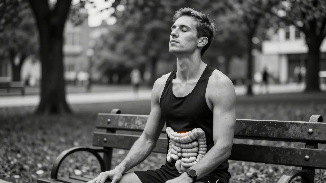 Athlete meditating outdoors to manage stress and support gut-brain connection