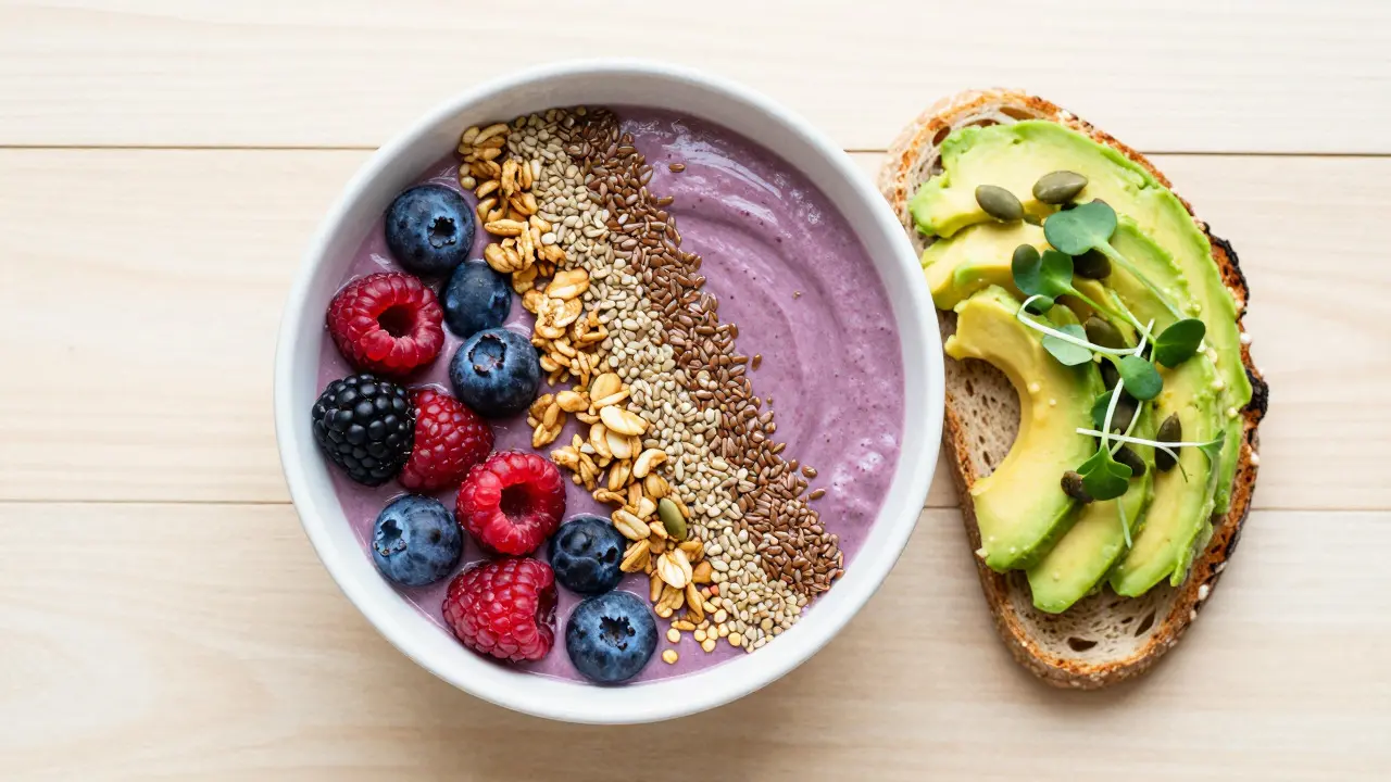 Colorful smoothie bowl with toppings and avocado toast on wood