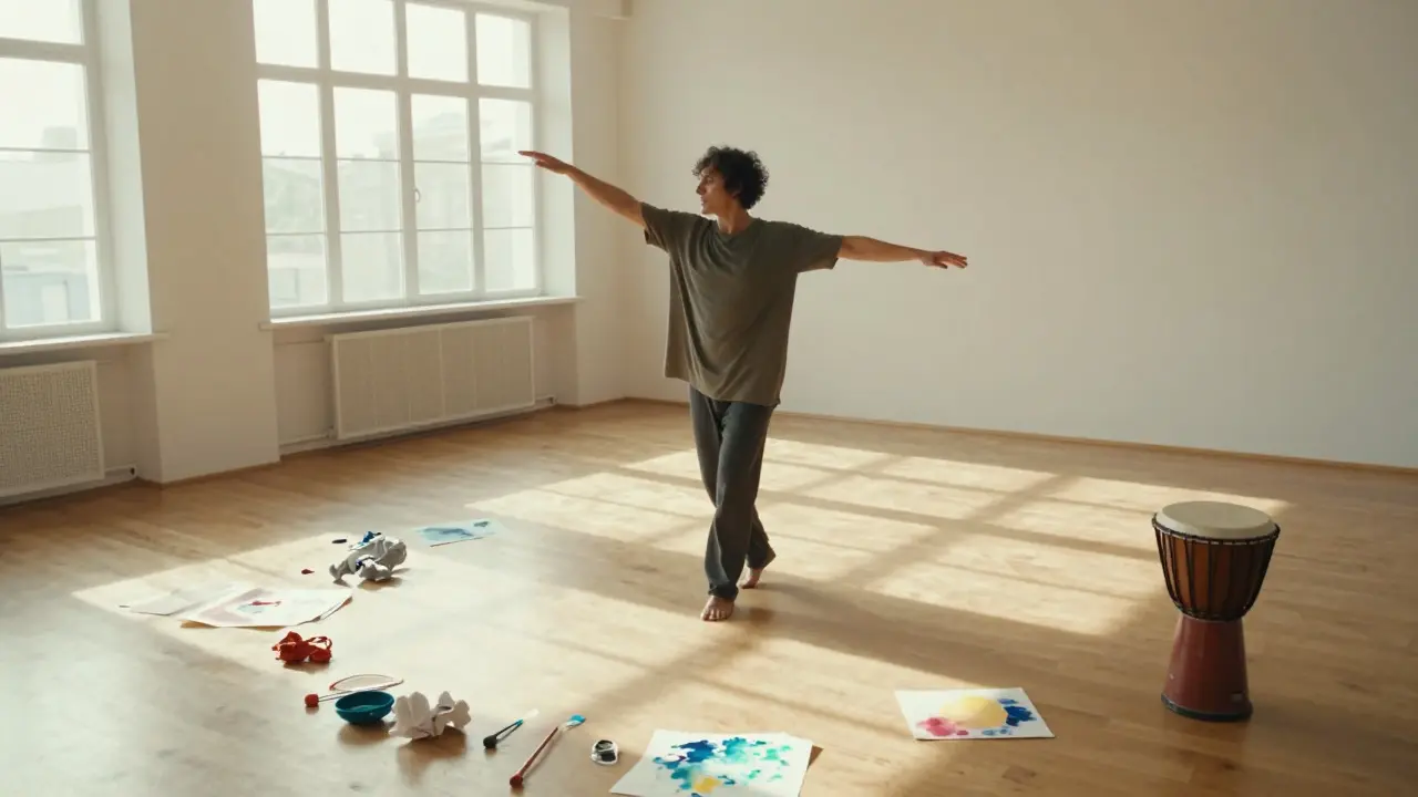 Person dancing in a sunlit studio surrounded by scattered art supplies