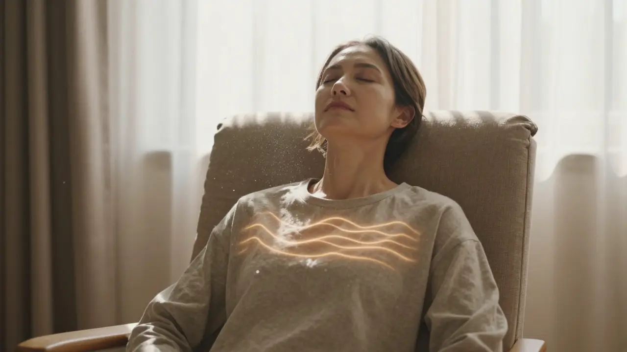 Person meditating in sunlight with glowing calm energy