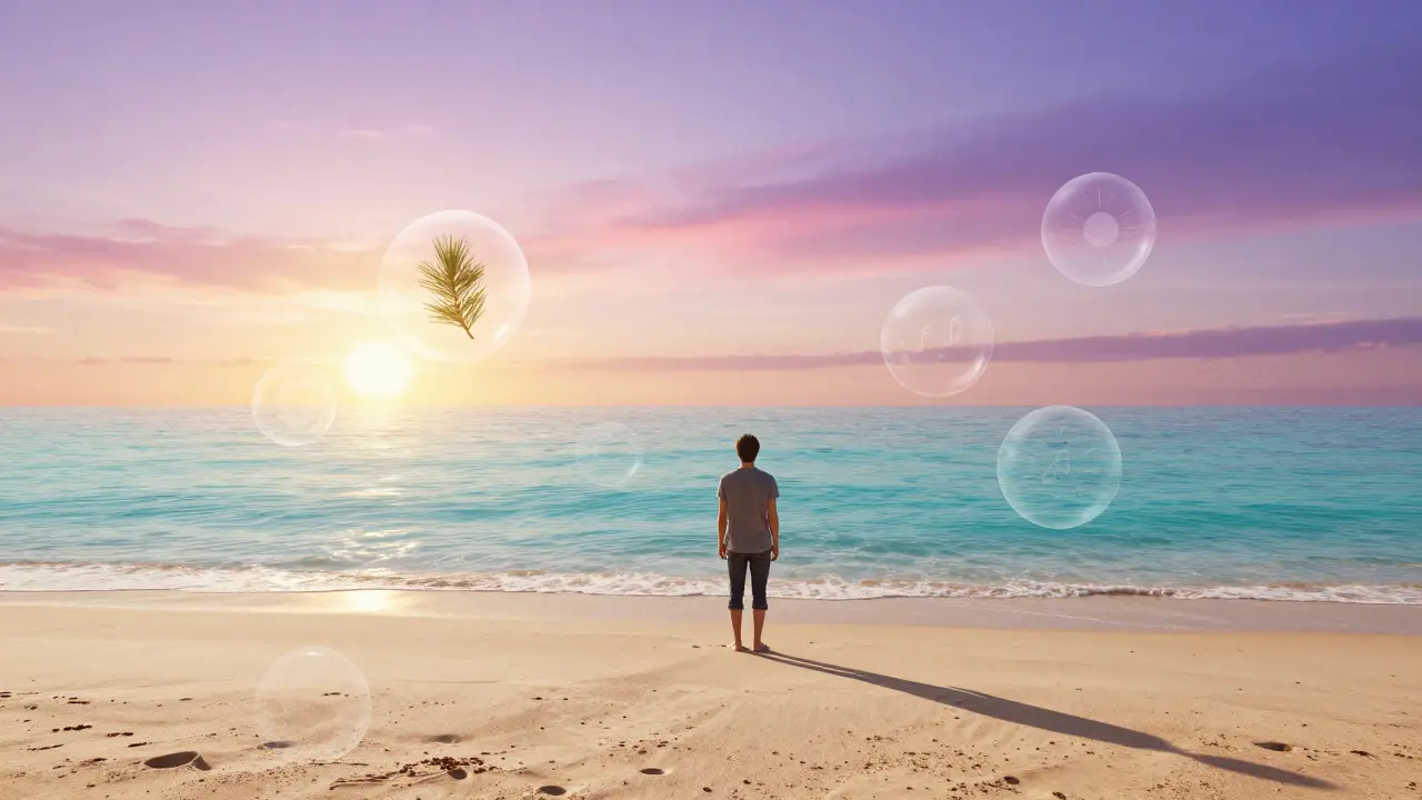 Person on a serene beach with floating sensory elements