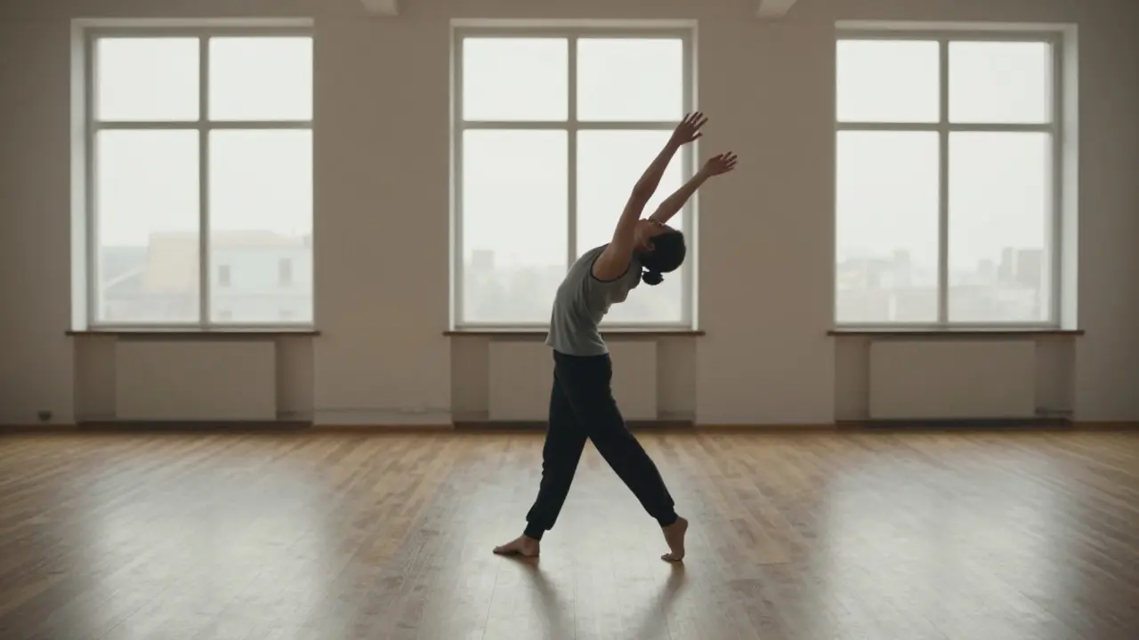 Person stretching in a sunlit dance studio