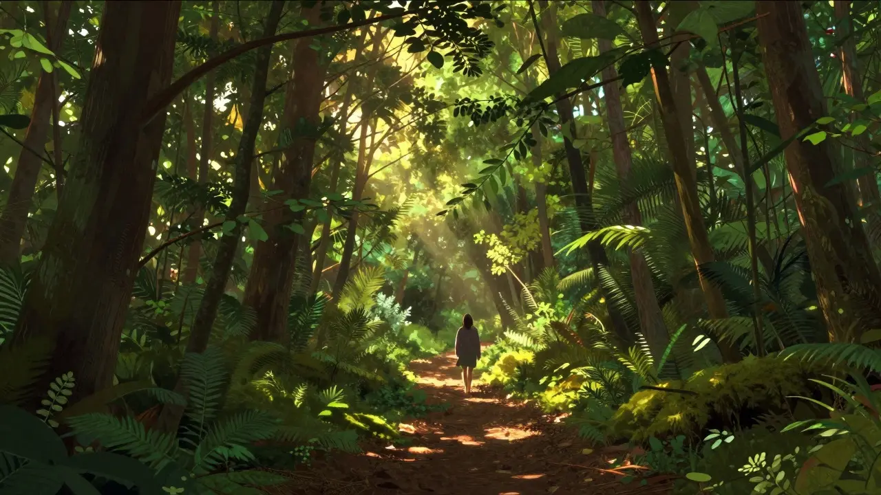 Person walking peacefully through a sunlit forest path