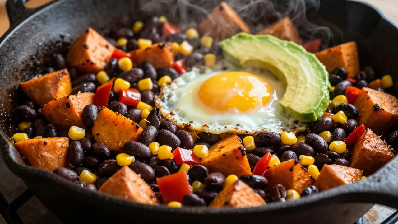 Savory black bean and sweet potato hash cooking in a cast iron skillet